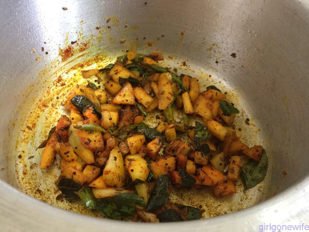 Fry till  the raw smell of turmeric and chillipowder is gone